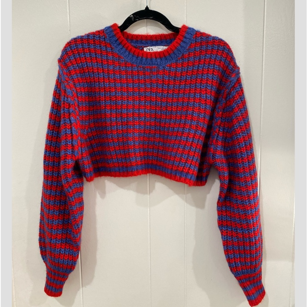 Zara Cropped ribbed stripped sweater with balloon sleeves.